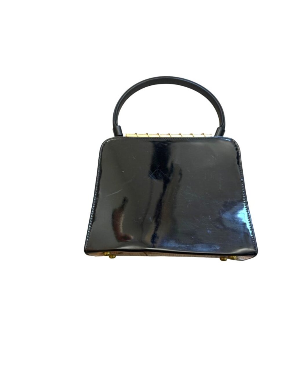 Womens Evening Bag Black Patent Leather Vintage 60s Top Handle Purse Mid Century - Picture 5 of 7